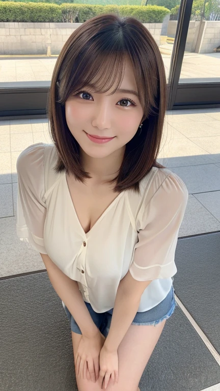cute japanese girl in a cafe, short hair:1.5, detailed face, ultra detailed eyes, incredible beautiful eyes, symmetry dropped eyes, charming eyes, Natural makeup, big smile, enthusiastic belly laugh, open mouth, ultra slender body, small breast, laced shirt:1.75, (best quality,4k,8k,highres,masterpiece:1.2),ultra-detailed,(realistic,photorealistic,photo-realistic:1.37),HDR,UHD,studio lighting,ultra-fine painting,sharp focus,physically-based rendering,extreme detail description,professional,vivid colors,bokeh