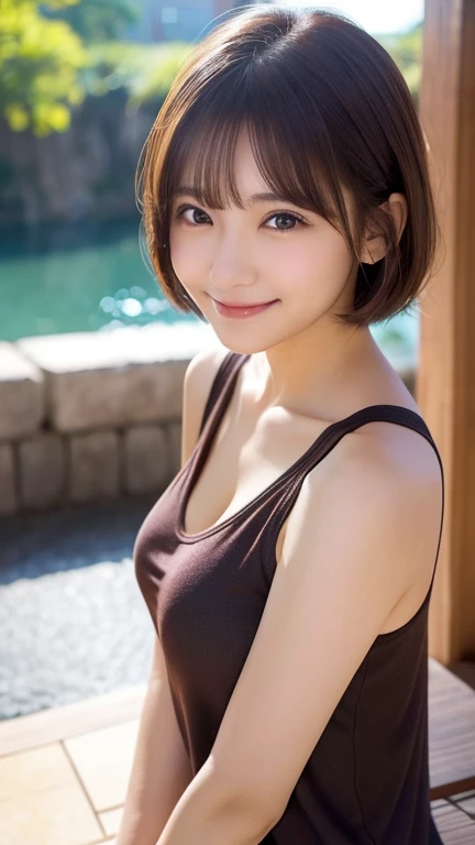 ((hair, Ultra-high resolution, Highest quality, masterpiece: 1.2), (Realistic, Realistic: 1.37), Super detailed, (garden, morning, sunny: 1.2), Professional Lighting, Photon Mapping, Radio City, Physically Based Rendering, masterpiece, Rich details, (Beautiful Face),(Beautiful Eyes), (Clear Face), (Detailed face description), (Detailed hand description), (masterpiece), Realistic, Extreme light and shadow, Shiny skin,Shiny Hair, One Girl, 18-year-old, Japan, cute, (smile,Happy,Sweat,Sweatをかいた:1.2),(Gradient Brown Hair, Short Curly Hair:1.2),small, thin:1.2、double, fine clavicle, clavicle,(small breasts, Flat Chest:1.37),(Front view , Dynamic pose, Full Body Shot: 1.2), (Knitted deep V-neck slip dress, Micro Mini, Side bust, Bare waist, Bare Armpits, Cleavage: 1.2), Face Focus, Disheveled Hair