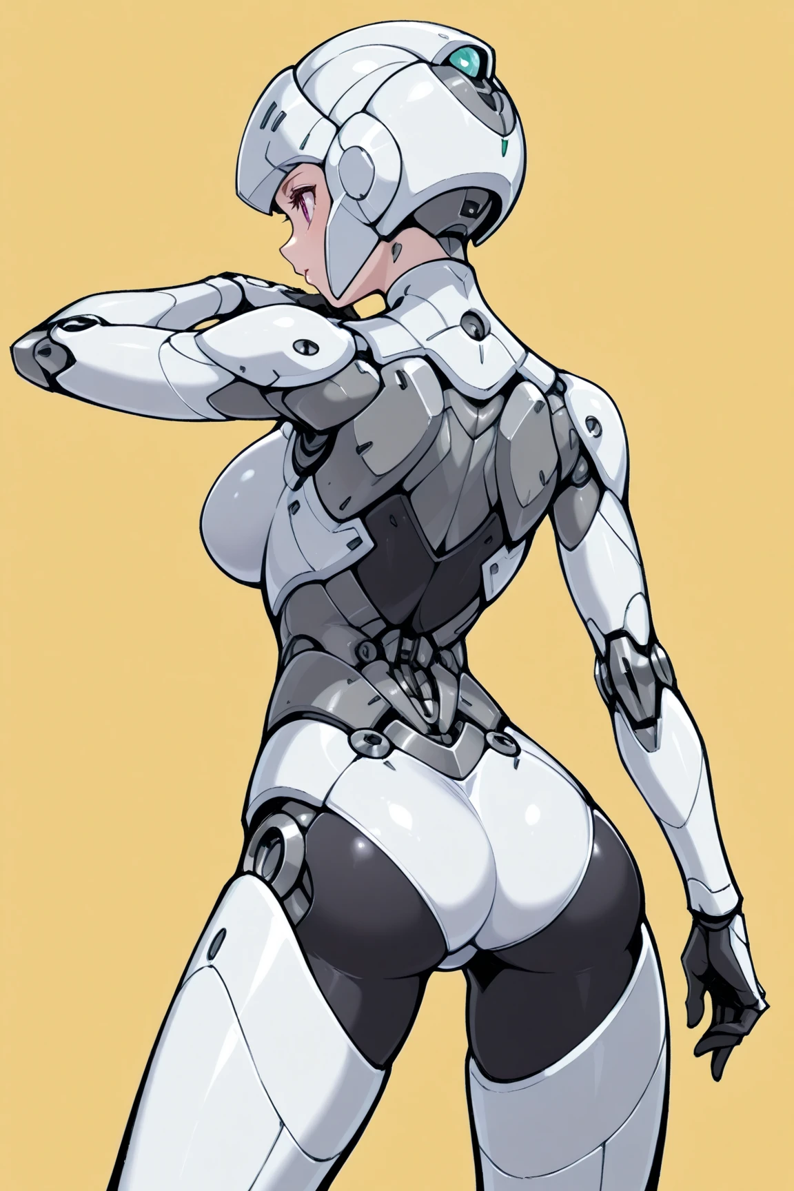 masterpiece, cyborgirl, 1girl, solo, (atomic heart twins), large breasts, breast press, braid hair, blonde hair, robot girls, faceless, no face, cyborg female, fullbody: 1.2, metal body, robot body, human limbs, ((black bodysuit, covered body)), thick legs, legs apart, wide hips, narrow waist, (double v sign), peace sign, cinematic, dynamic pose, (simple gray background), fullbody view, absurdres