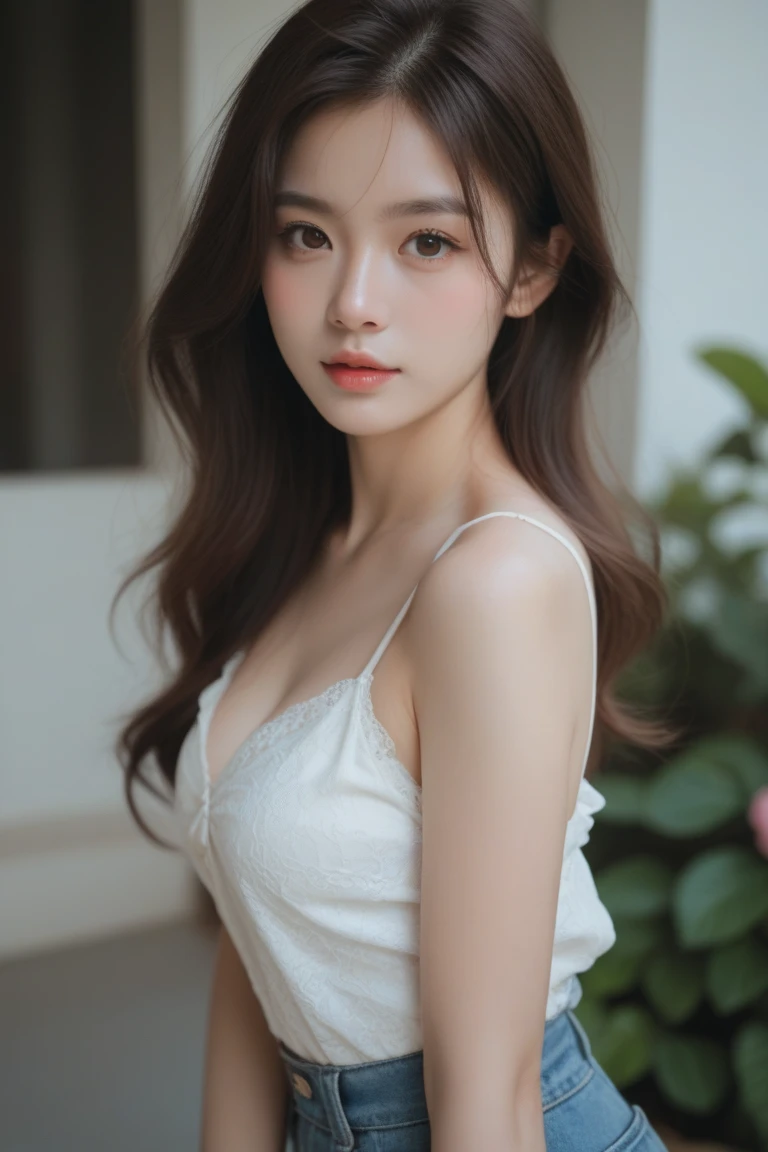 Top quality, RAW Photo, Highest Quality Image, 16K, Full body, Age 22 years old, Realistic, Photorealistic,  Beautiful Asian woman, Sexy, body, White pale skin, Beautiful hair, Wavy hair, Brown Hair,, Short hairstyle, Detailed face, Detailed body, Detailed skin, Double eyelids, Big eyes, long eyelashes, bright eyes, green eyes, natural lips, detailed lips, Saggy breasts, Very Small breasts, Flat Breasts, long shape breasts, posing in Aspen forest , sunny day light , light through Aspen trees, wearing white shirt 
