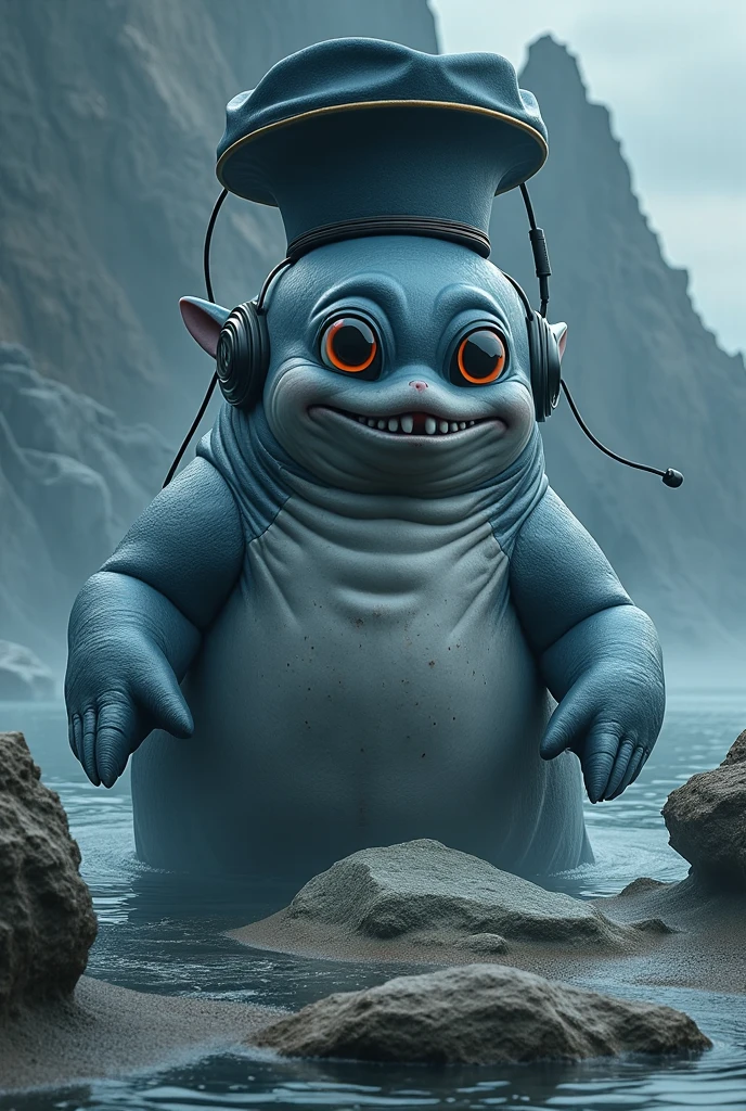 /imagine prompt: An epic anime scene of a chubby fish-boy bully with blue skin, a human-like face, a comb-like crest, and simple tribal clothing, standing on the edge of an underwater cliff, looking down menacingly. The fish-boy has a fierce look and sturdy build, captured in full body from a dynamic angle. The background features a vast deep-sea expanse with dark waters and bioluminescent life forms, creating a cinematic effect. Created Using: precise linework, intense colors, high detail, anime-inspired technique, digital painting, high-definition quality, dynamic lighting, deep shadows