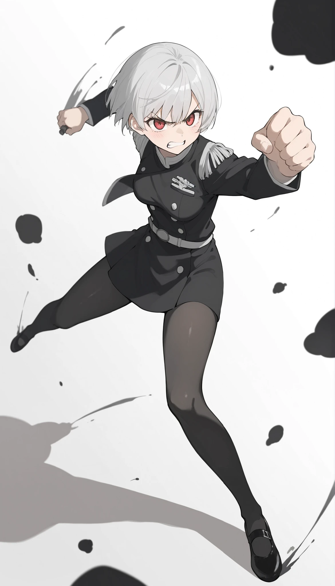 ((masterpiece)), (best quality), 1girl, solo, 简单背景, 魅惑, delicate face, 战斗姿势, 冲拳, full body, silver short hair, long sideburn, red delicate eyes, angry face, 鄙夷的眼光, 黑色絲襪, 损坏的黑色警服, medium breasts, style: midjourney, white background, 两点透视, 冲击力的画面，动态模糊，景深, closeup, blur