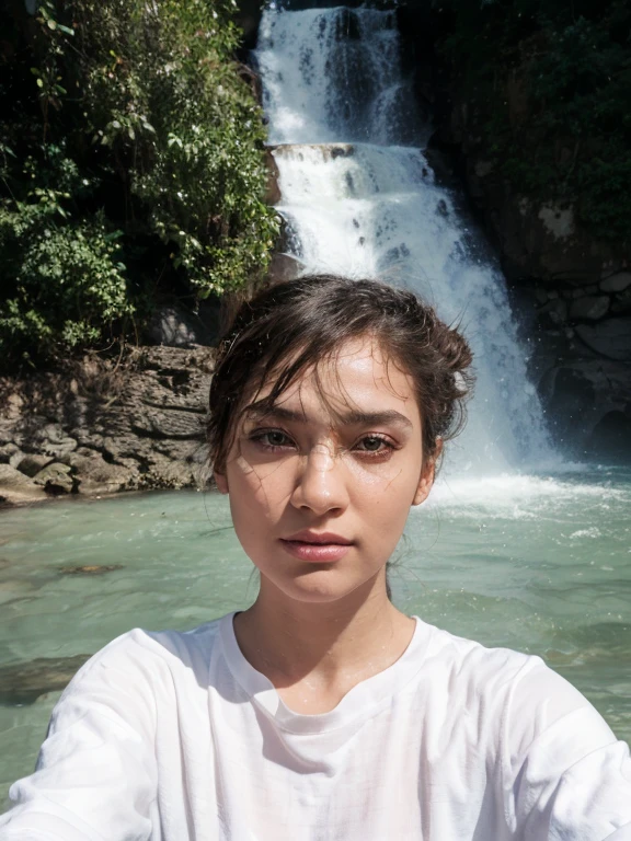 Indonesian men and women taking selfies. A thin man, wearing a white t-shirt, clean face without beard. Fat woman, wearing a long-sleeved t-shirt, wearing a black hijab. They were at waterfalls, mountains, blue clouds, early morning. Realistic.