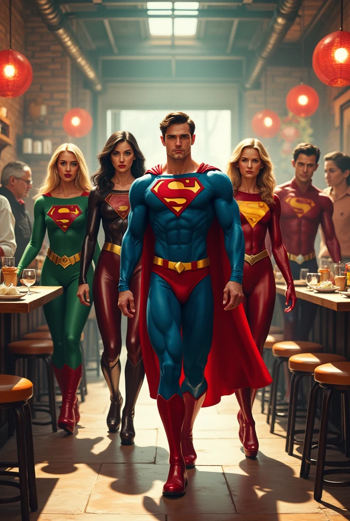 Images of a group of male and female superheroes working in a restaurant as evaluators