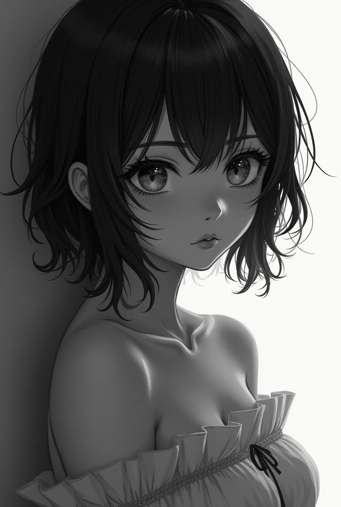 solo, 1girl, monochrome, spot color, multicolored eyes, greyscale, floating hair, parted lips, short top, half nude, medium tits, tan lines, looking at viewer, grey background, shadow, chromatic aberration, purple eyes, eyelashes, simple background, blurry, wind, masterpiece, bottom view, Yoneyama Mai Style