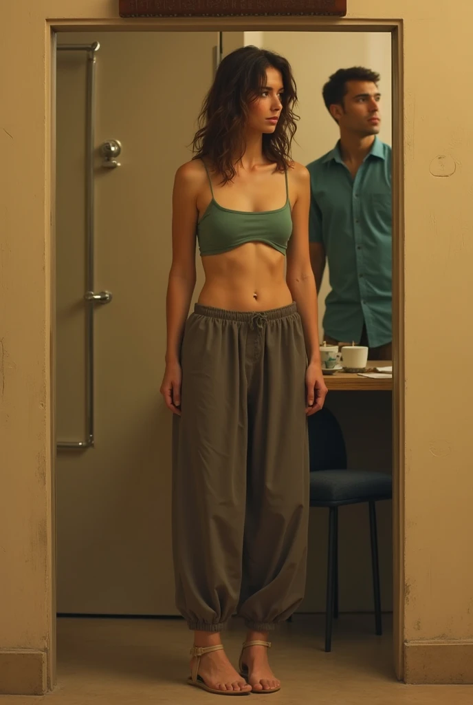Dafne Keen dressed in a bra and blue pants
