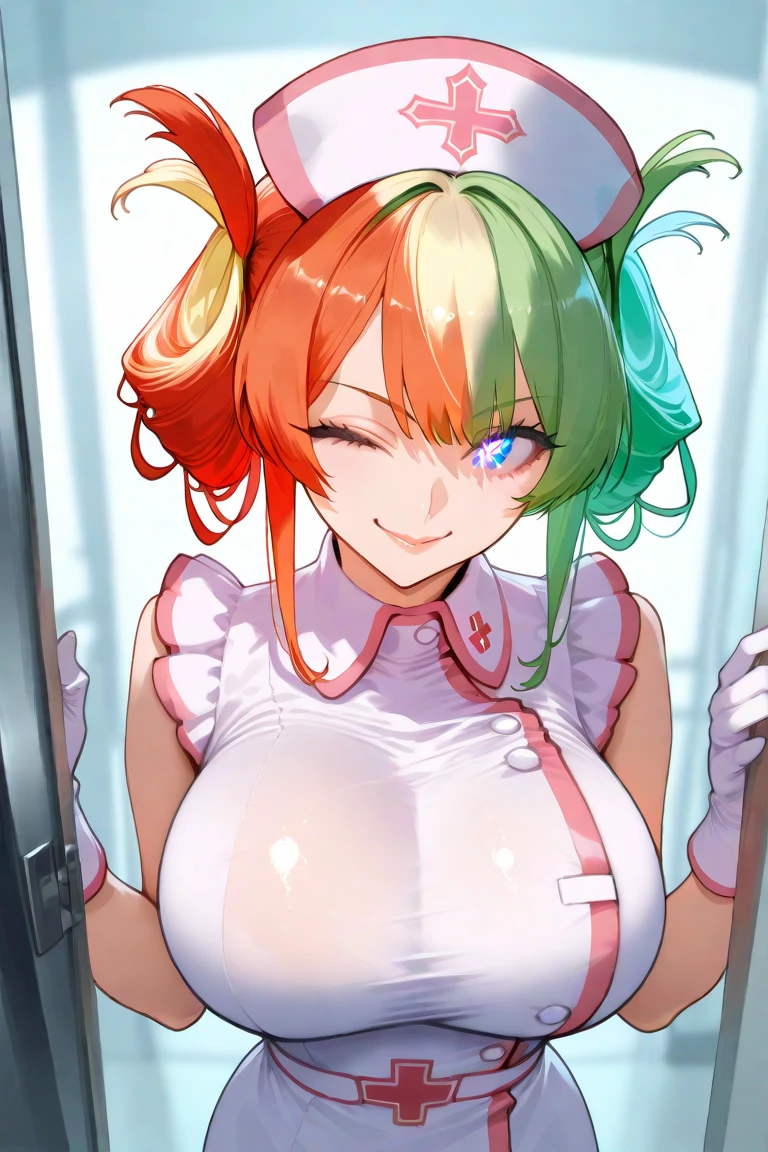 nsfw, (only one person, completely nude:1.8), (medium large breasts, firm breasts, Nominal body type), (pussy crack, large nipples, spread legs, knees up, squatting, double v, peace fingers:1.5), (cute little), (embarrassed, blush, in heat, sexy mood:1.8), (smile), (pole dance, on stage:1.5), (luminism, heart-shaped pupils:1.3), (open mouth, heavy breathing), Looking up from below, upturned eyes, from below, hakosdef, short hair, hair ornament, midriff, mouse tail, tail bow