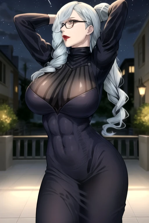 Full body, masterpiece, 1solofemale drow elf purple skin standing pose (yellow tiger bikini) red cape, red bikini, long white hair, strong body, abs, Ultra Quality, shiny skin, Atmospheric, 8K, Cinematic ((Street background)) BREAK, sunglasses (wet rainy, wet by rain, wet body :1.2) ultra-detailed face, detailed lips, detailed eyes, double eyelid, sensual low-necked dress, open neckline, hanging breasts, side pose, visible curves, pool, poolside, red transparent robe, sunglasses, muscular turned leg