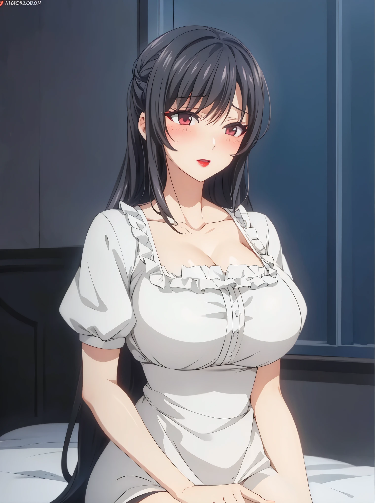 1 milf,long black hair, very big breasts, very blushing, very horny, sexy body, red lips, 4K quality