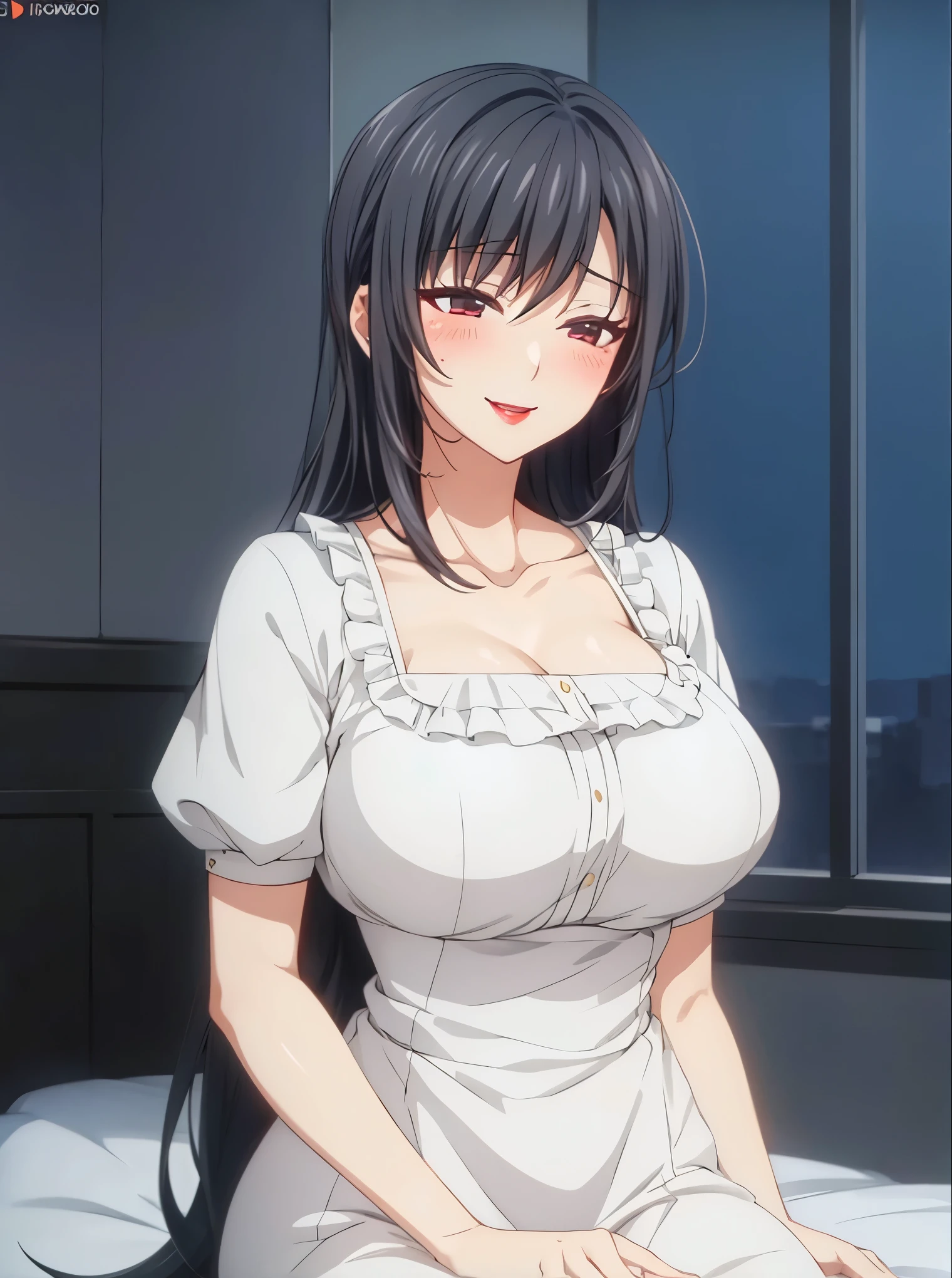 1 milf,long black hair, very big breasts, very blushing, smiling, closing eyes, very horny, sexy body, red lips, 4K quality