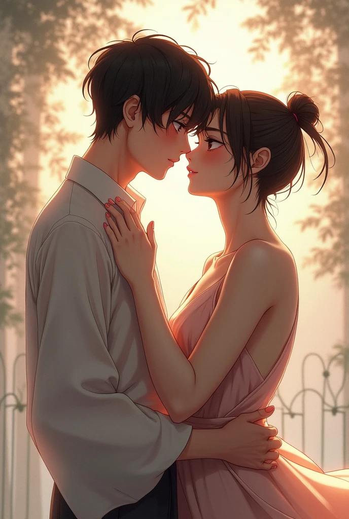 Bathed in the soft glow of moonlight, a couple is enveloped in a romantic embrace beneath the stars, their love palpable in the cool night air. The scene captures their intimate moment under the enchanting canopy of night, with their silhouettes against the darkened sky. Every detail is expertly rendered, from the gentle sway of their bodies to the subtle caress of their hands. The image exudes a sense of timeless romance, drawing viewers into their world of love and connection.