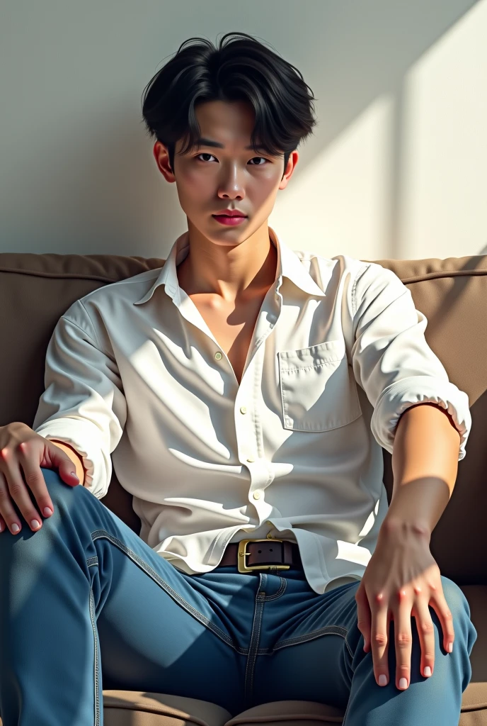 Realistic photography, handsome man ,sitting on the sofa , living room,Embossed