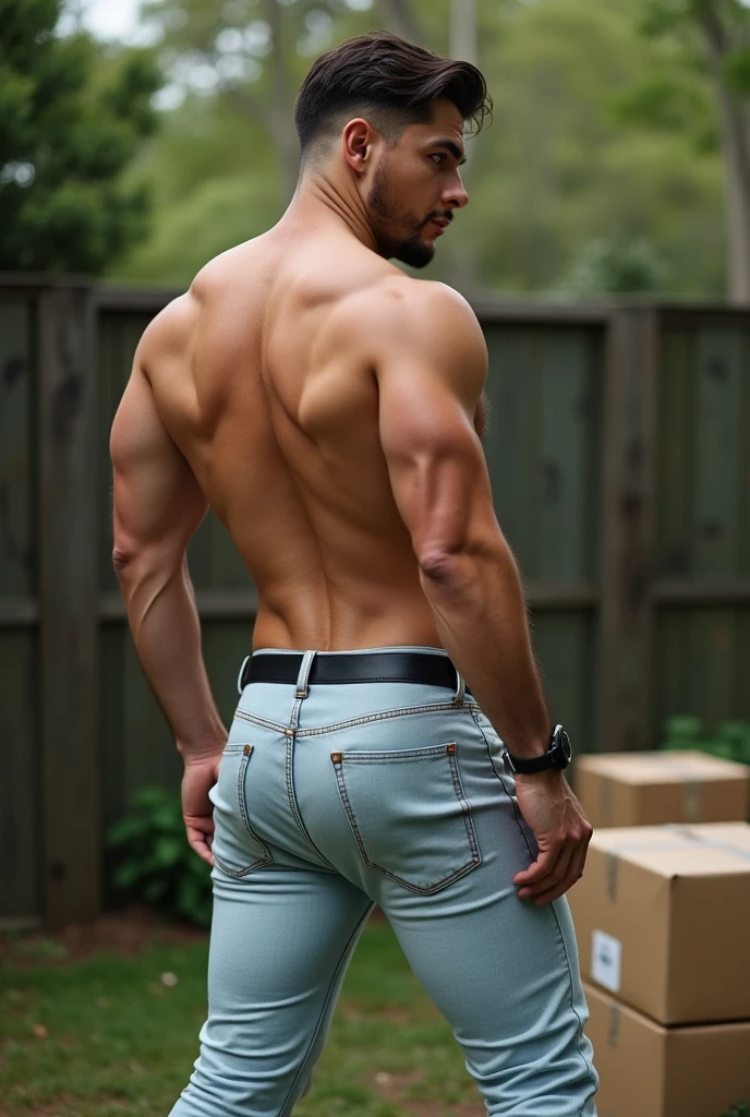 Beautiful man 30 years old, muscular body, full body , barba rala, mas seu rosto esta iluminado pela fogueira. ((Beige Jeans shorts)) ((backside))