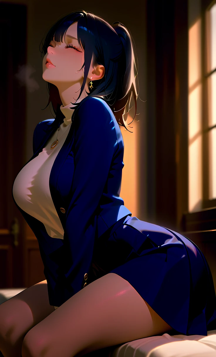 master piece,Best Quality,highest quality,Ultra-detailed,ultra high resolution,extremely detailed CG unity 8k wallpaper,Illustration,Detailed skin,Shiny skin,anime color,Beautiful detailed eyes,luscious eyes,striking eyes,Perfect Anatomy, gleaming skin,oily skin,
Japanese Funeral,light Black Blouse,light Black midi Skirt,Pearl Necklace,pumps,half updo,Stockings,red lips,
wind lift skirt,suprised,Japanese funeral, funeral hall, black and white banner, late night, strong wind, candle light,vignetting,close to viewer,black smoke around,visible panties,