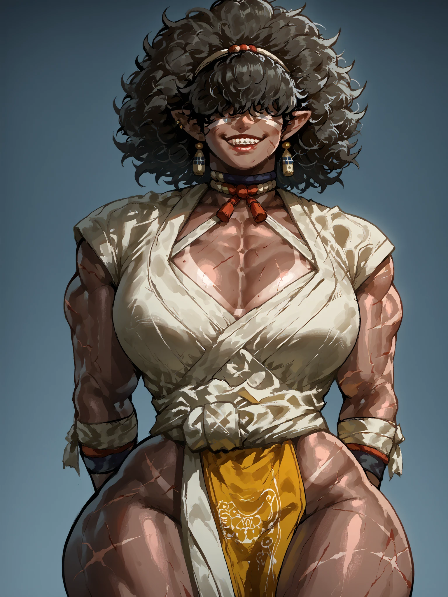{{score_9, score 8_up, score_7_up, source_anime }} {{Artist: %nyantcha%}} upper body, soft shading, 1girl, afro, standing, arms behind back, smiling, low angle, foreshortening, facing viewer, virgoart, Krekkov, film grain, dynamic pose, dynamic angle, shiny skin, shining skin, high detail skin, plump lips, full lips, sharp teeth, dark skin, hair over eyes, curly hair, tanlines, large breasts, curly hair, ancient egyptian clothes, ear piercings, earrings, {{tall female, muscular female, muscular}}, pointy ears, skindentation, scar, scars all over, chest sarashi, wide hips,