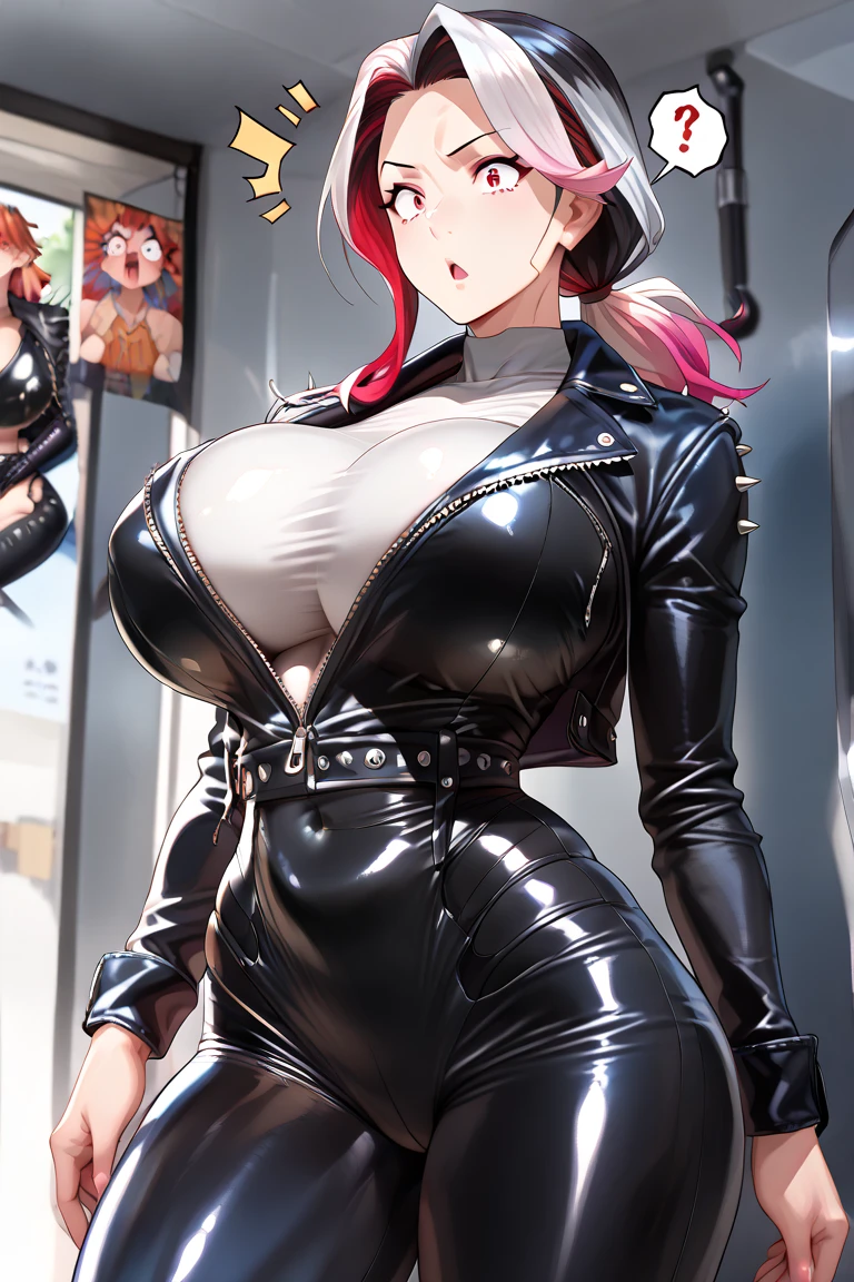 1 girl 18/19 year old seductively beautiful, (rebellious image) (masterpiece), Best quality, High development, high detail, looks at the viewer, girl solo, (((whole body))),((standing)),((in patent leather blouse)),((in a black patent leather jacket)),((in black patent jeans)), ((punk style and bold makeup)), Latex, ((big breasts )), ((Waist is slim)), ((short pink hair)), Depth of field, seductive smile.