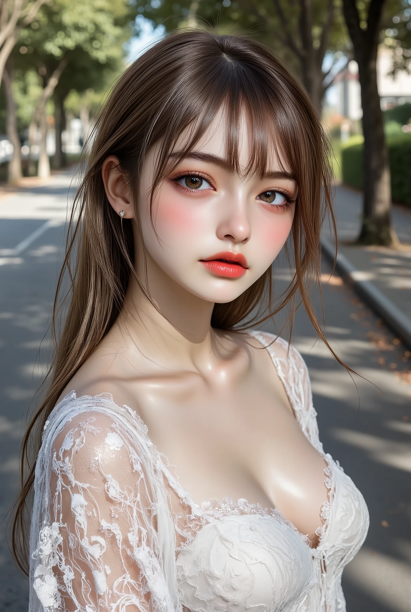 ((1 woman: 1.4 20 years old)), ((walking in the park:1.35)), (((ultra high resolution))), ((An improvement of the most absurd quality:1.2)), ((photorealistic Realism 16K Quality)), (ultra-fine digital art), ((realistic proportional body)), ((anatomically correct:1.4)), (elegant dress style, (long silk lace dress: 1.2), thigh low), (layered lace)), (long dress), no_panties, curvy), (wraps around the hips:1.35), [black latex:1.21], ((white lace: 1.3)) )), long legs ((white, eye-catching (), latex high heels:1.35)), ((Cleo Garter Thigh Highs Fishnet Stockings:1.2)), (Best Illustration), ((Insanely details brown_eyes:1.3)), (realistic sharp real human eyes:1.3), perfect round eyes, ((finely detailed pupils:1.2)), detailed lips:1.3, pink_makeup:1.3, (long_blue_eyeliner:1.17), (glossy red_lipstick:1.3), (perfect dark_eyeshadows:1.4), (super detailed professional makeup on eyes:1.22), (Detailed nose:1.2), Cinematic Light, detailed facial features, Sharp focus, Smooth, beautiful, ((best shadows)), isometric 3D, (octane rendering, ray tracing), (photo from head to knee:1.2), (Ultra realistic, 最high quality, high quality, High resolution), Representative work, official art, Professional, Ultra intricate detailed, 8k, fishnet stockings and clothing accessories, bouquets of colorful flowers, decorative belts and ribbons, (jewelry, bracelets), Proportions are based on a 7.5 head scale