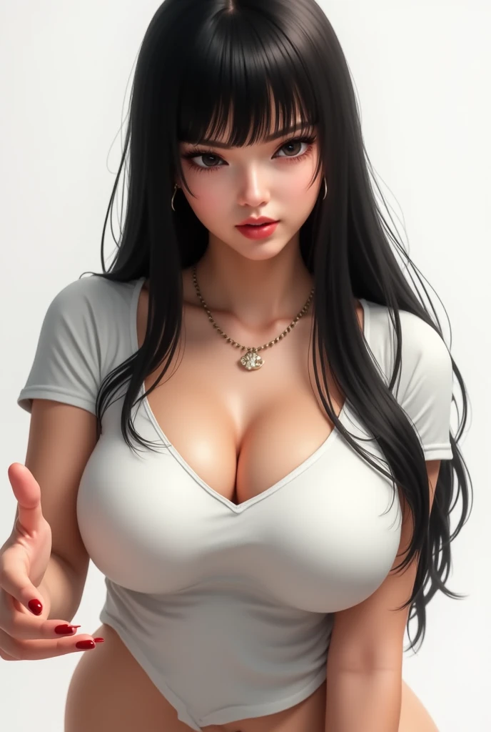 sfw, (masterpiece), best quality, expressive eyes, Goddess woman, 35 years, colored inner hair, cowboy shot, bokeh, close-up, from above the mouth down, seductive look, black sleeveless shirt, erotic, white belt, red lips, saliva, wearing bra,((skinny waist)), young asian girl, ((big breasted)),