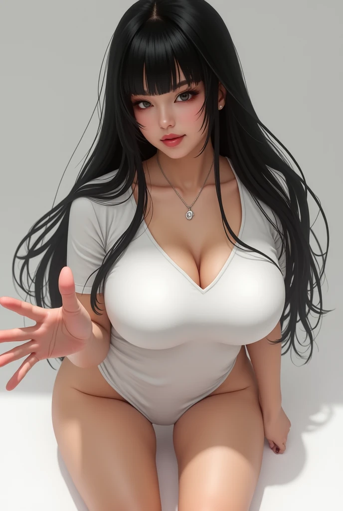 From above, ((Best Quality)), ((Masterpiece)), (Details) 1girl, she was wearing a revealing red dress. The dress, exposing the shoulders and navel, fit the body snugly and beautifully emphasized its curves. Her skin was white like ivory and soft and smooth to the touch. Her hair was straight and shiny black. Her long hair ran down her back, making her figure look even more beautiful. Her eyes are large and deep indigo. Her lips were colored with cherry-colored lipstick and were plump and bulging. Her figure is somewhat mysterious and looks at the viewer. She was in a minimalist, simple and stark white room. Her face was beautifully trimmed and her eyes and nose were clear. The big black eyes were attractive with a deep and subtle glow. Her hair was long and lustrous, and her flowing beauty further enhanced her charm. Her mouth was small, and her well-formed lips were shining brightly. Her skin was smooth and very beautiful, almost silky. Her breasts and buttocks were large, and her thin waist was beautiful with its supple lines. , (large breasts, huge breasts, huge breasts, big breasts:1.2)