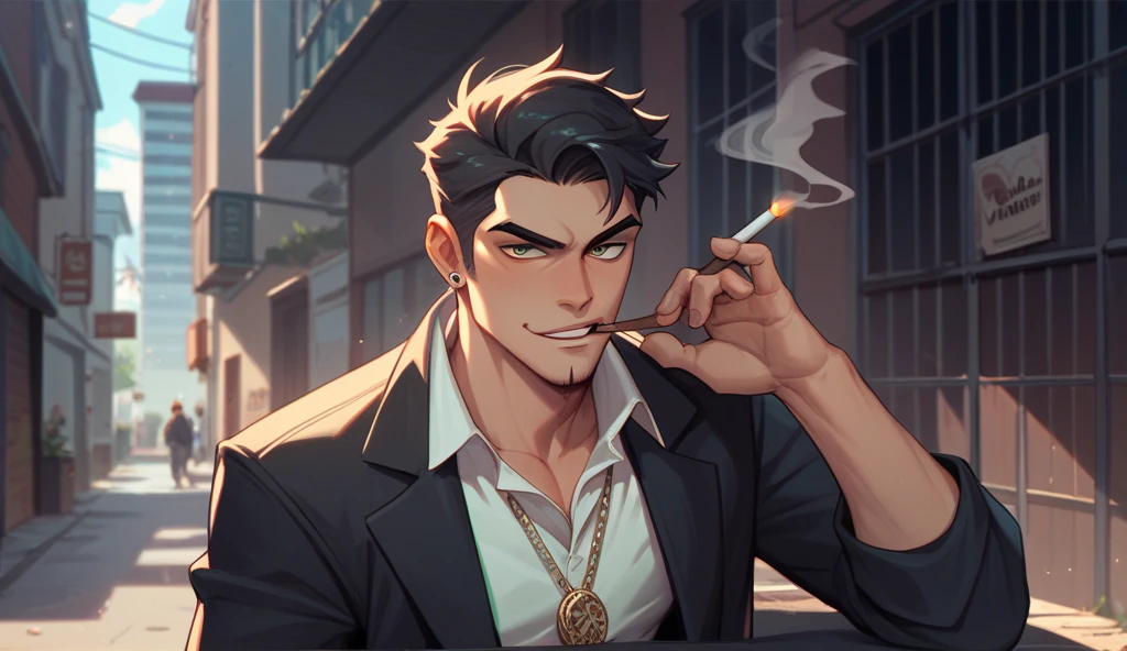 black male, Brown suit, smoking cigar, North East, round eyes, İcon, perfil, Seriously, detailded, strong features.