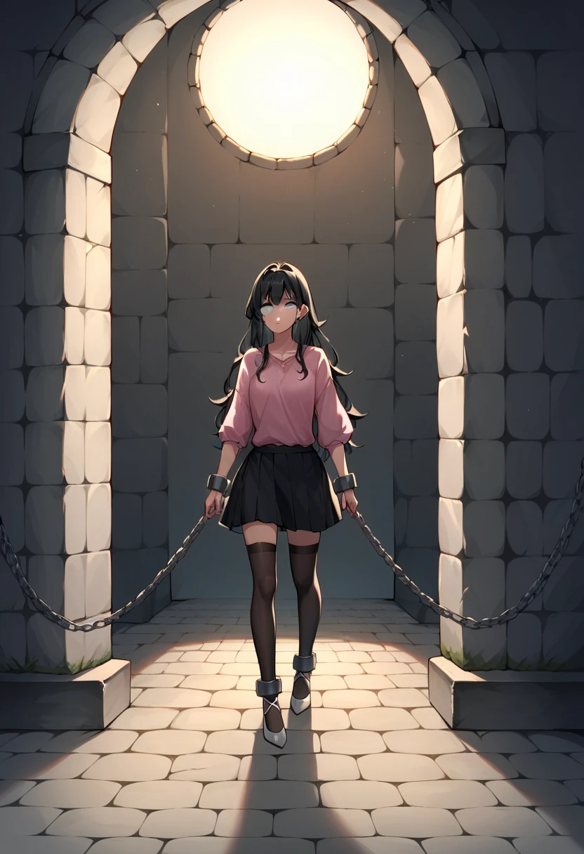 score_9, score_8_up, score_7_up, score_6_up, score_5_up, score_4_up, source_anime, 1girl, worth, black hair, loose hair, white eyes, w-w-chain, shackles, long chains, put on hand's, long hair, pink shirt, skirt, pink stockings,night, dungeon, best quality, best res, 4K UHD,
 