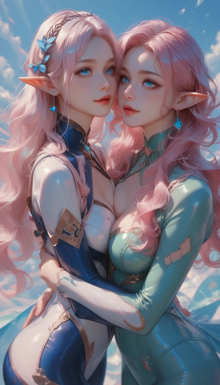 In a dimly lit beach with soft, warm lighting, a cute young busty girls with tiara sits on the sand kissing, their long curly red hair glistening in the glow. They wears a sparkling black bikini with sexy cleavage that seems to shimmer and shine like bioluminescent paint, matching the radiant violet hue of her eyes. Their eyes are detailed with long eyelashes and bright and colorful irises with heterochromia and are sparkling. Their expression is sultry, with mesmerizing eye contact that draws the viewer in. Their big breasts are perfectly rounded, with a large sag that adds to their allure. As she kneels forward, her legs spread invitingly, showcasing her confidence and sex appeal. The watercolor-inspired hues on her skin blend seamlessly, creating a photorealistic effect that's almost too beautiful to be real. 2girls_kissing