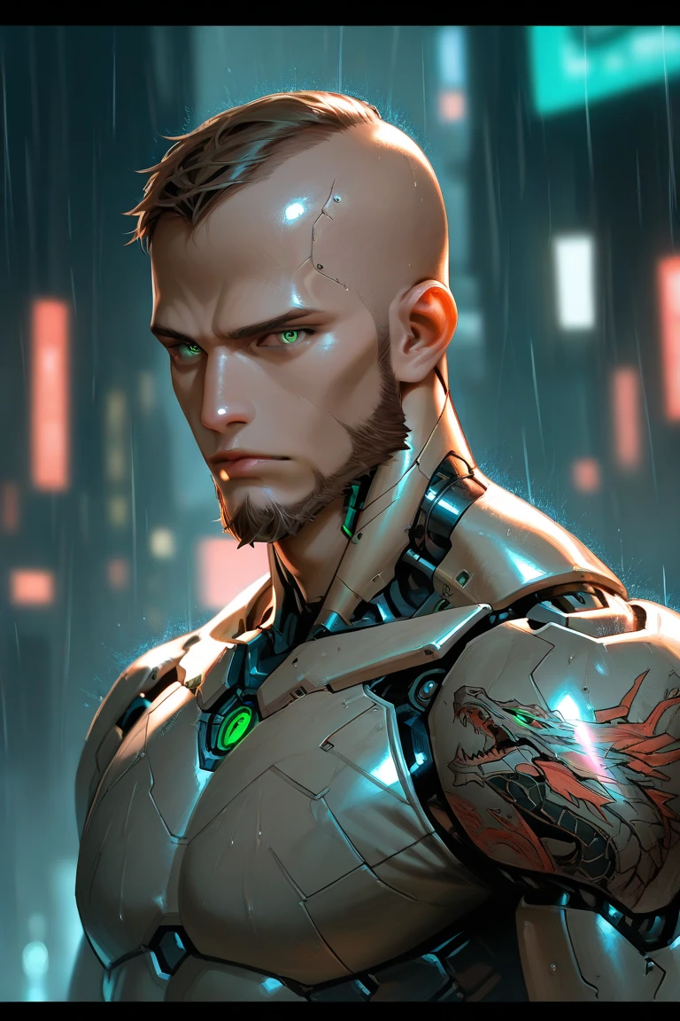1man, solo, muscular, looking at viewer, Bald, Hazel Green eyes, closed mouth, brown hair, short cut beard, upper body, mechanical dragon tattoo, lips, depth of field, blurry background, glowing, letterboxed, science fiction, rain, android, cyborg, robot joints, cyberpunk