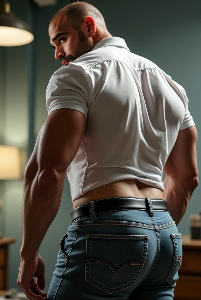 (1boy), femboy, (aesthetic:1.2), (realistic:1.25), ultra-detailed, (best quality, 4k, 8k, highres, masterpiece:1.2), portrait, soft lighting, painting-like, beautiful detailed eyes, beautiful detailed lips , slim figure, (femboy:1.2), (petite:1.1), (twink:1.1), light orange shirt, unbuttoning pants, revealing, white hair, blue eyes, (round ass:1.1), (rear view:1.1), (strip:1.1), (tease:1.1), (bottomless:1.1), (posing:1.1), (delicate:1.1), (boy), (man), (twink), (testicles)