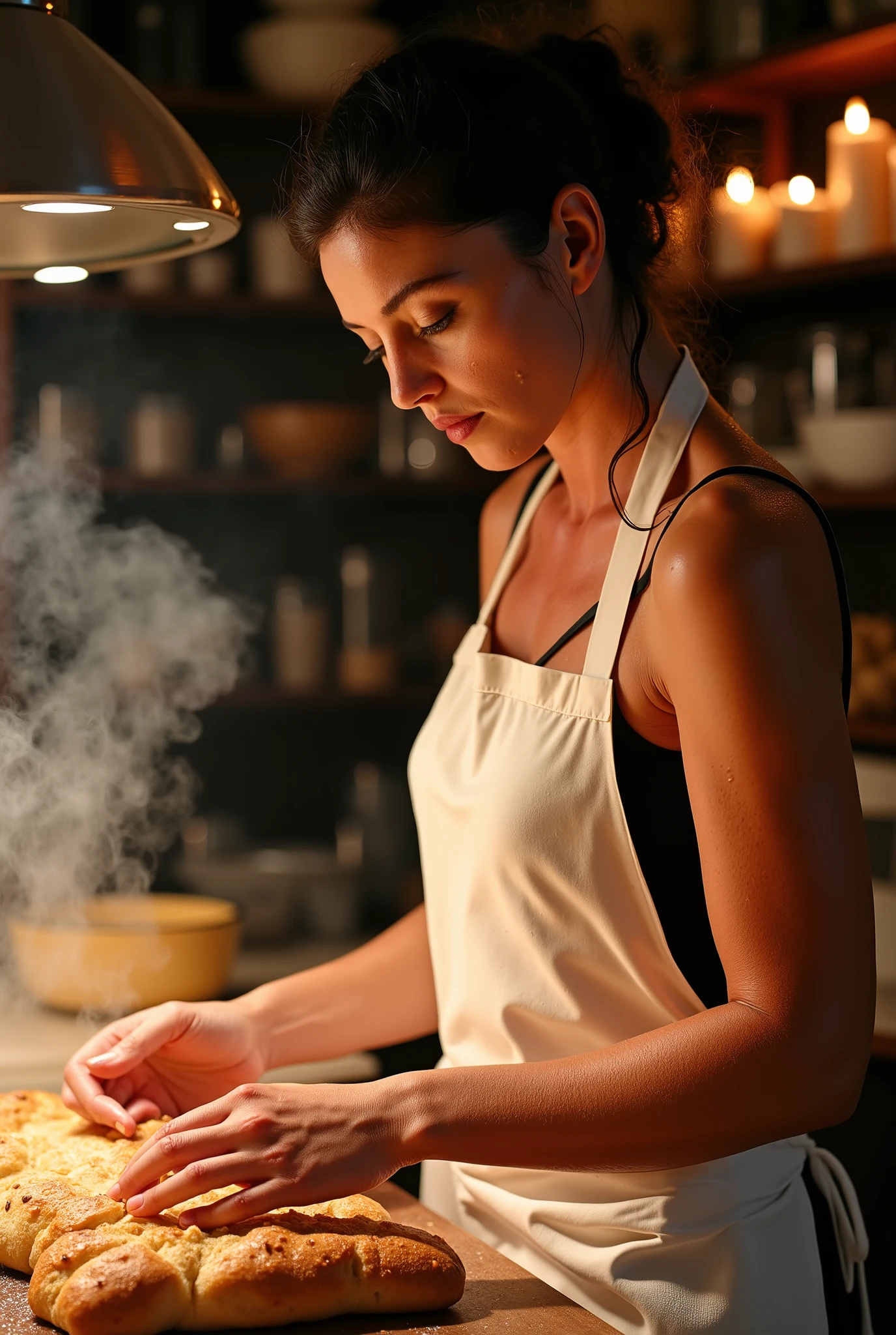 paparazzi photo of Monica Bellucci shows her naked perfect smooth full body, (YES NSFW, whimsical fantasy), (busy expression, busy woman). (1woman), Woman is cooking bread in a kitchen, wears a white kitchen apron, (white apron:1.3), the apron is dirty with tomato sauce, sweat coming down her forehead and face, wood oven in background, smoke in the room, photorealistic, blurred background, real pores on body and face, some stretch marks on legs, soft lights, candlelight, realistic photoshoot, low angle point of view. 8K high-definition, highest quality, ultra-detailed photorealistic professional image. The subject's skin texture is incredibly lifelike, showcasing real pores, subtle moles, natural skin imperfections, freckles, and fine body hair. Every detail is visible, including minor blemishes, stretch marks, and a natural sheen that enhances realism.
The skin appears slightly damp, with moisture clinging to the surface. Rivulets of water trickle down the face and body, forming small droplets that catch the light. The wetness creates a soft sheen, highlighting the natural texture and depth. The cinematic lighting enhances every contour, casting soft shadows and adding dramatic realism.
Blurred background and foreground (1.8 intensity) isolate the subject, drawing attention to the incredible skin details. The composition is sharp and precise, with a perfect balance of contrast and softness. Shot with a full-frame DSLR, 85mm f/1.8 lens, ensuring unparalleled clarity and depth.
Masterpiece quality, breathtaking realism, UHD-level detail, and lifelike wetness effects make this a strikingly immersive and visually stunning professional photograph.