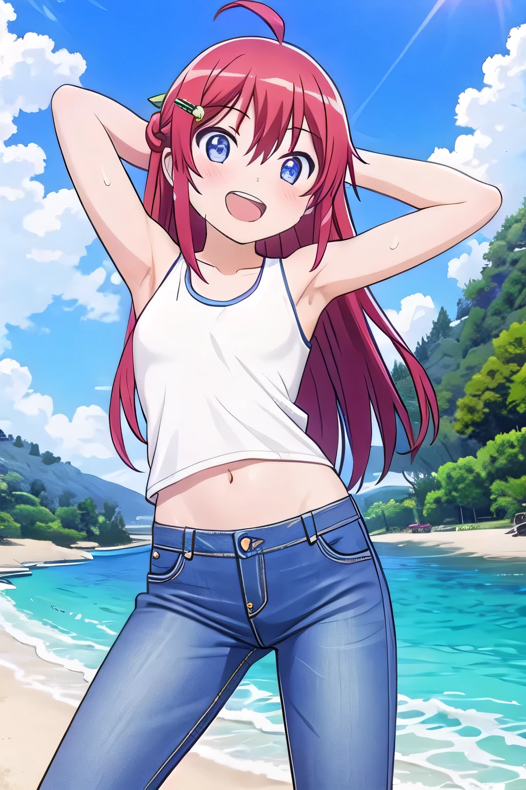masterpiece, best quality, ultra detail, ((Perfect Face, perfect eyes, perfect hair, perfect arm)), 1girl, o, petite, ((round face, ecstasy, orgasm face, drooping eyes, shame smiling, blush)), dropping eyes, sleepy, Open mouth, ((White teeth)), background((under the beach, (day:1.2), ocean, bright sky)), koshigaya_natsumi_nonnonbiyori, (blue eyes:1.2), (red hair:1.2), ahoge, crossed bangs, hair between eyes, hair ornament, (long hair:1.4), (straight hair:1.7), ((arms behind head, hands behind head, fingers behind head)), ((contrapposto)), spread armpits, looking at viewer, (white tank top:1.2), (white crop top:1.2), (jeans pants:1.2, flares jeans:1.2, skinny jeans:1.2, blue jeans:1.2), standing, (legs spread:1.4), sex pose, Sweaty crotch, Steam from the crotch, from below, whole body