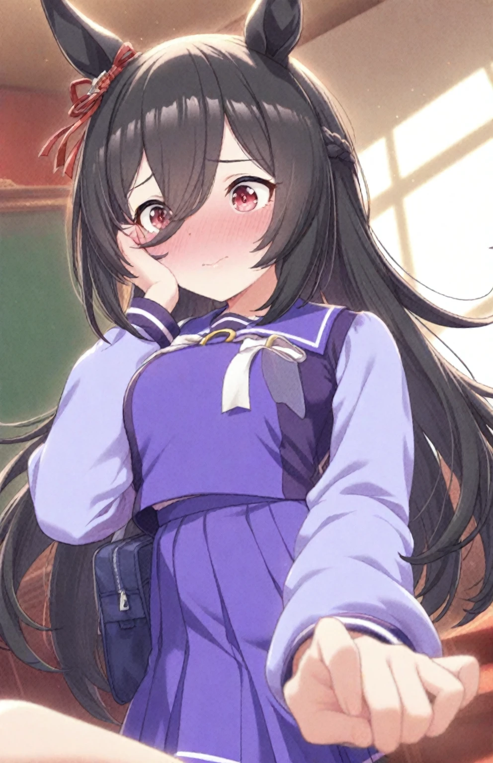 hokko tarumae(Umamusume),vestige ,skirt lift front,light blue panties,looking at the viewer,From before,blush your nose,pussy line,classroom