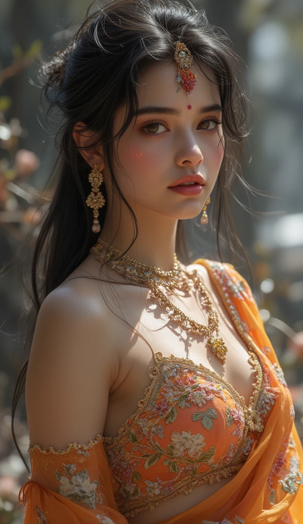hot beautiful milf woman, big heavy jhumka earrings, detailed face, detailed eyes, detailed lips, intricate jewelry, sensual pose, sunset lighting, vibrant colors, cinematic lighting, photorealistic, 8k, high quality, masterpiece,big breasts ,tught black blouse,