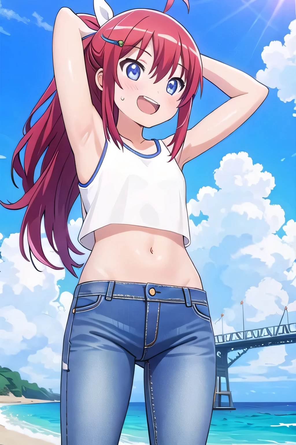masterpiece, best quality, ultra detail, ((Perfect Face, perfect eyes, perfect hair, perfect arm)), 1girl, o, petite, ((round face, ecstasy, orgasm face, drooping eyes, shame smiling, blush)), dropping eyes, sleepy, Open mouth, ((White teeth)), background((under the beach, (day:1.2), ocean, bright sky)), koshigaya_natsumi_nonnonbiyori, (blue eyes:1.2), (red hair:1.2), ahoge, crossed bangs, hair between eyes, hair ornament, x hair ornament, (long hair:1.4), (straight hair:1.7), ponytail, ribbon, hair_ribbon, ((arms behind head, hands behind head, fingers behind head)), ((contrapposto)), spread armpits, looking at viewer, (white tank top:1.2), (white crop top:1.2), (jeans pants:1.2, flares jeans:1.2, skinny jeans:1.2, blue jeans:1.2), standing, (legs spread:1.4), sex pose, Sweaty crotch, Steam from the crotch, from below, whole body