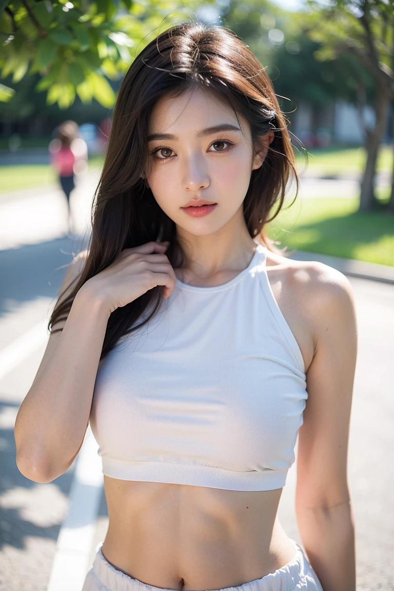 Practical, Very detailed CG 통합 8K Dendenden 배경화면, detail, High quality RAW color photos, Professional photography, (8K, RAW photos, Top quality), (Practical, Practical: 1.37), Otherworldly beauty, Young and cute, mix, Smooth skin, Large bust, (Cleavage:1.2), (fair face:1.2), best quality, high resolution, 超detail, Very detailed, want to, (Sleeveless suspender painted T-shirt:1.3), (Jogging shorts:1.2), (Depth of Field), (Sam Doss Art 1:0.4), (Style- Jogging Shorts:0.6), Light brown hair, (A girl in the forest),