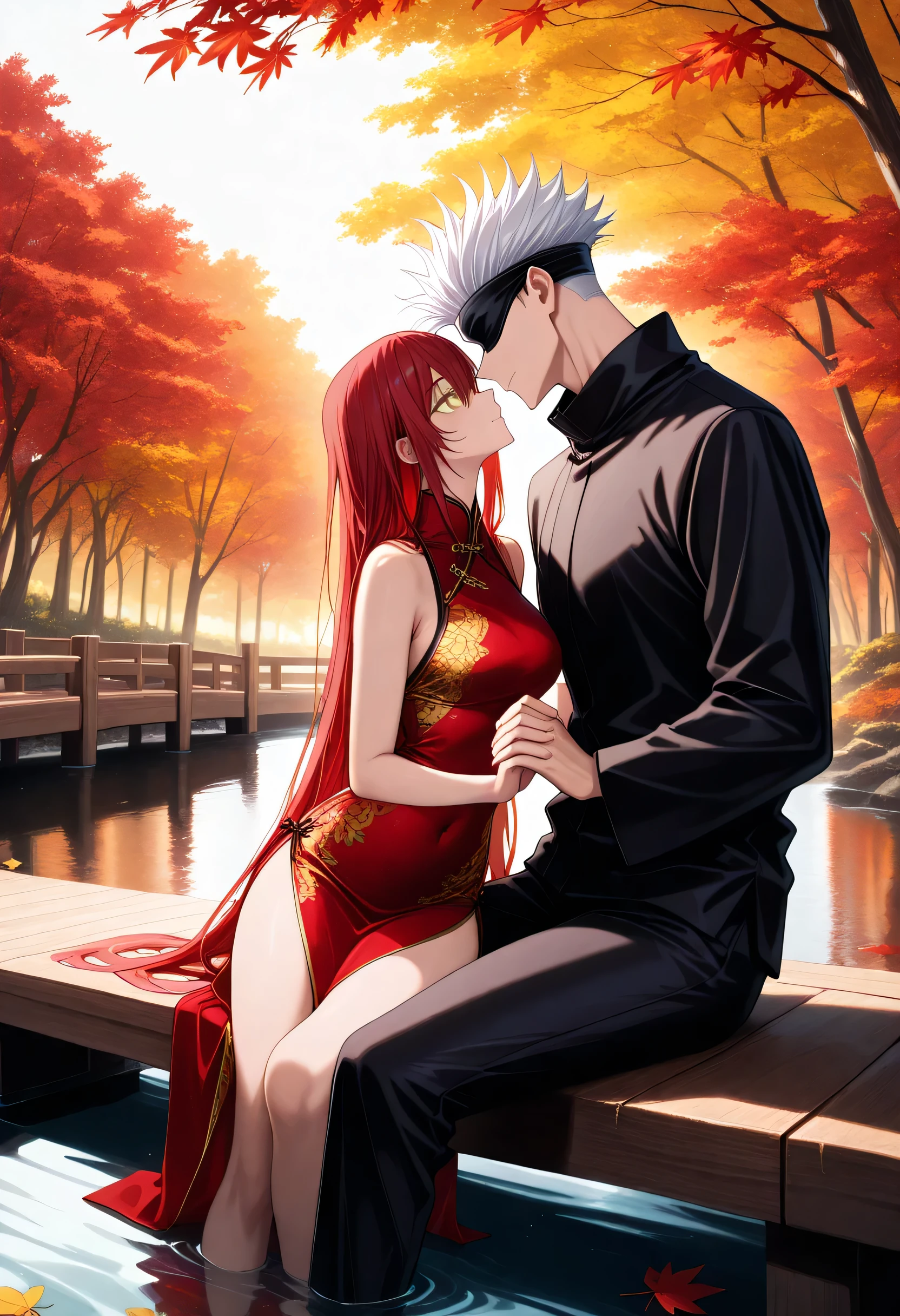 (masterpiece), (highest quality), (very detailed), (the best shape), (best shadows), (absurd), (so beautiful), beautiful eyes in every detail, unusual, 8k, 32K, high resolution, very detailed e CG, score_9, score_8_high, score_7_high, Those_anime_series, cinematic, BREAK 1 man, satoru gojou, jujutsu kaisen, black blindfold, white hair, short hair, cool, trained body, muscular, chinese kimono, BREAK couple, duo focus, hetero, look at each other, face to face, , size diefference, height difference, Japanese autumn landscape, mountains covered in vibrant autumn foliage, with shades of red, orange, and yellow blending harmoniously, stream flows through the scenery, with fallen leaves floating on the water, warm sunlight gently illuminates the landscape, dynamic pose, cute pose, wooden bridge over the river, sitting on the wooden bridge next to each other, holding hands, looking at each other in love BREAK 1girl, golden eyes, red hair, very long hair, long side parting, hair between the eyes, cool, sexy, beautiful, petite, red Chinese cocktail dress with golden dragon pattern