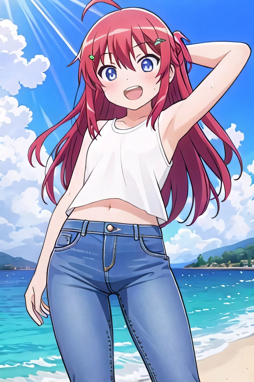 masterpiece, best quality, ultra detail, ((Perfect Face, perfect eyes, perfect hair, perfect arm)), 1girl, o, petite, ((round face, ecstasy, orgasm face, drooping eyes, shame smiling, blush)), dropping eyes, sleepy, Open mouth, ((White teeth)), background((under the beach, (day:1.2), ocean, bright sky)), koshigaya_natsumi_nonnonbiyori, (blue eyes:1.2), (red hair:1.2), ahoge, crossed bangs, hair between eyes, hair ornament, (long hair:1.4), (straight hair:1.7), ((arms behind head, hands behind head, fingers behind head)), ((contrapposto)), spread armpits, looking at viewer, (white tank top:1.2), (white crop top:1.2), (jeans pants:1.2, flares jeans:1.2, skinny jeans:1.2, blue jeans:1.2), standing, (legs spread:1.4), sex pose, Sweaty crotch, Steam from the crotch, from below, whole body