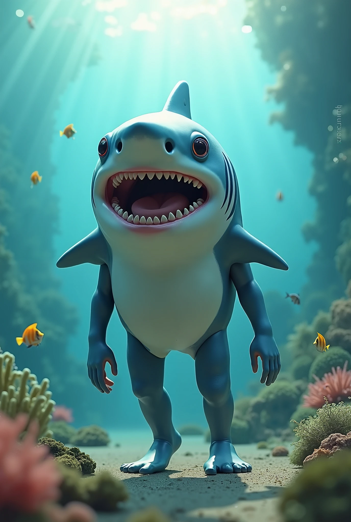 A shark humanoid (age 10, very human face an torso, shark lower body, sea star bra, dark eyes, deep blue hair, shark fin on back, over sized mouth with razor teeth) seen from the side, she is disinterested in the viewer, she is hungrily eating a fish, colorful reef