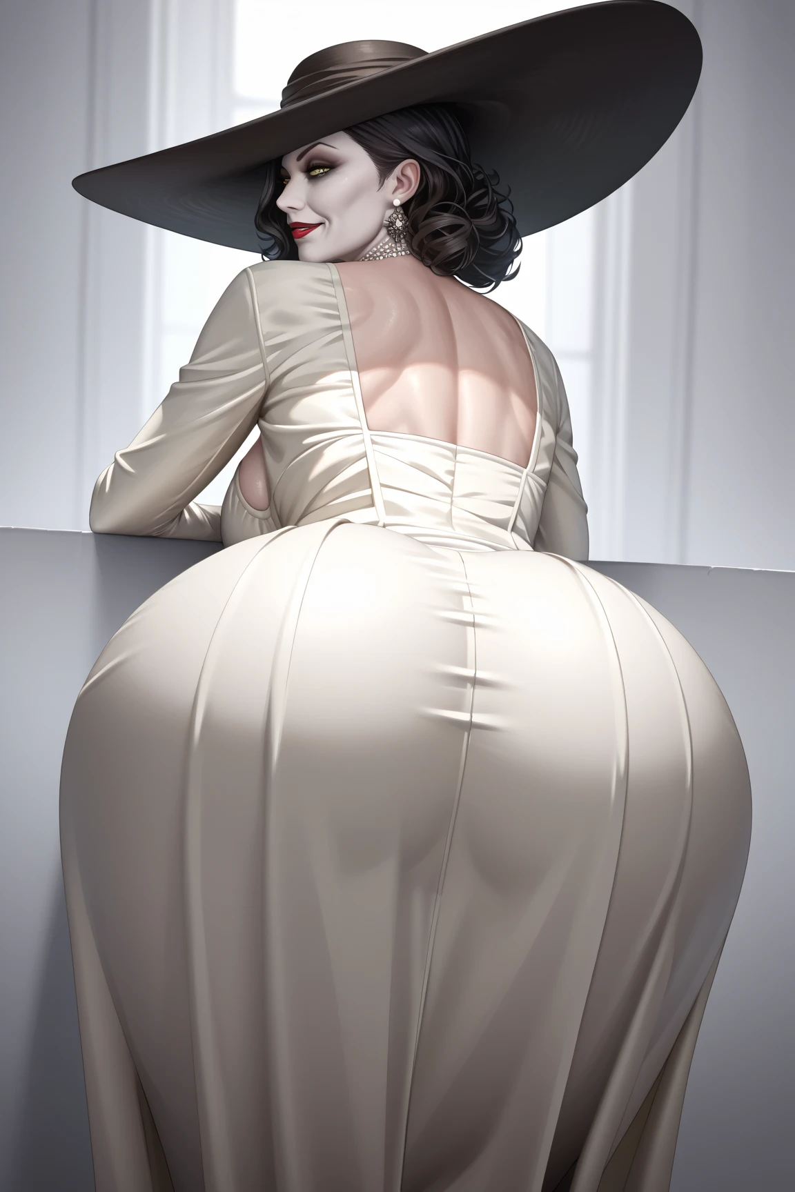 Alcina Dimitrescu, side view, ladylike, elegant, muscular, sassy, high class, chiq, tall, statuesque, full figured, slim, enormous hips, massive booty, massive breasts, massive hips, wide hips, massive thighs, bodybuilder, hourglass figure, rubenesque, voluptuous lower body, gothic setting, black hair, makeup, red lips, lipstick, thick lips, fair skin, pale skin, thin waist, narrow waist, small waist, tiny waist, small midsection, retro, art deco, eyeliner, eyeshadow, long eyelashes, long nails, long claws, vampire, vampiress, jazz age, fangs