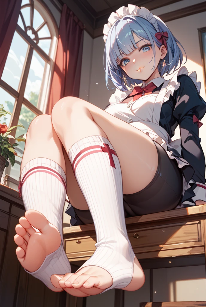 Anime female student wearing school uniform barelegs white socks without shoes in the classroom Wearing white gloves in the classroom touching the soles of other people's white socks --auto
