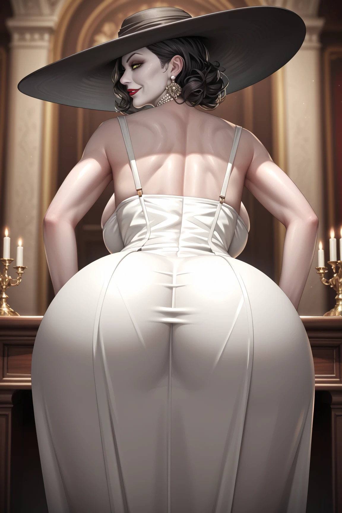 [toriel], [Undertale], [Uploaded to e621.net; (Pixelsketcher), (wamudraws), (woolrool)], ((masterpiece)), ((HD)), ((high red)), ((solo portrait)), ((low angle view)), ((back view)), ((waist up)), ((detailed fur)), ((detailed shading)), ((beautiful render art)), ((intricate details)), {anthro goat, plump figure, white fur, white nose, (cute maroon eyes), (short eyelashes), (short goat horns), short fluffy tail, (curvy hips), (beautiful legs), (beautiful feet), (black expression)}, {(long purple dress), (long white sleeves)}, {(standing), (unaware of viewer), (looking away)}, [ambient lighting, bedroom, lamp table, light rays]