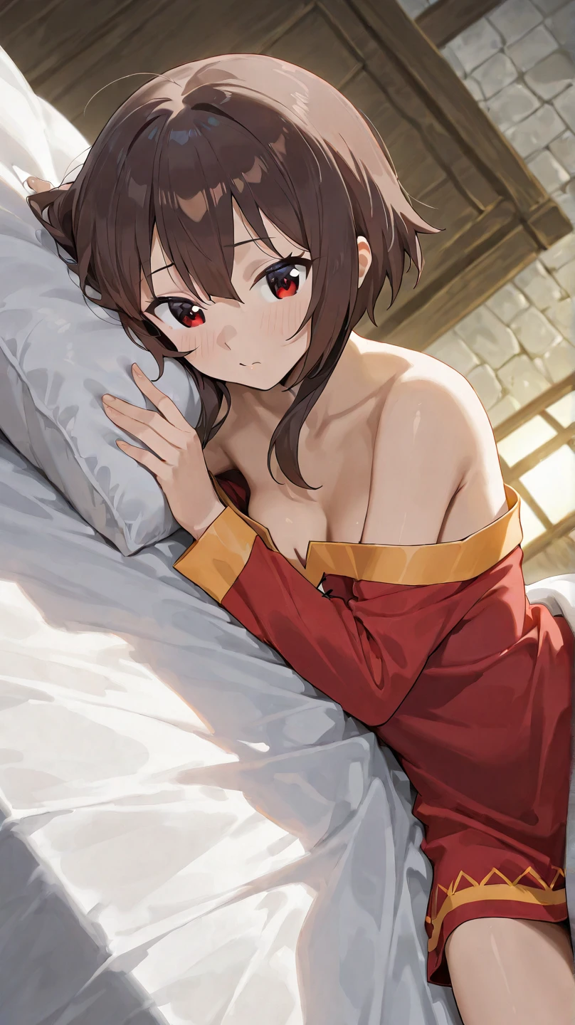 Perfect female shape, (1womanl), (Megumin), Composition looking up at the subject from below, hyper pretty face, Brown hair long hair, Sleeping on a silk bed, Open your mouth wide, Wrap her body directly naked in shiny satin white sheets, ((transparent red robe)), Wet body, Glossy lips, voluptuous figure, Lying on your back with your legs spread on the silk bed, a silk pillow, Silk bed sheets, Double eyelids in both eyes, Natural makeup, long eyelashes, shiny smooth light brown hair, asymmetrical bangs, Tanned skin, central image, High resolution, high detailing, detailed hairstyle, Detailed face, spectacular movie lighting, Octane Rendering, Vibrant, Hyper realistic, Perfect limbs, Perfect Anatomy,Hands behind the head,