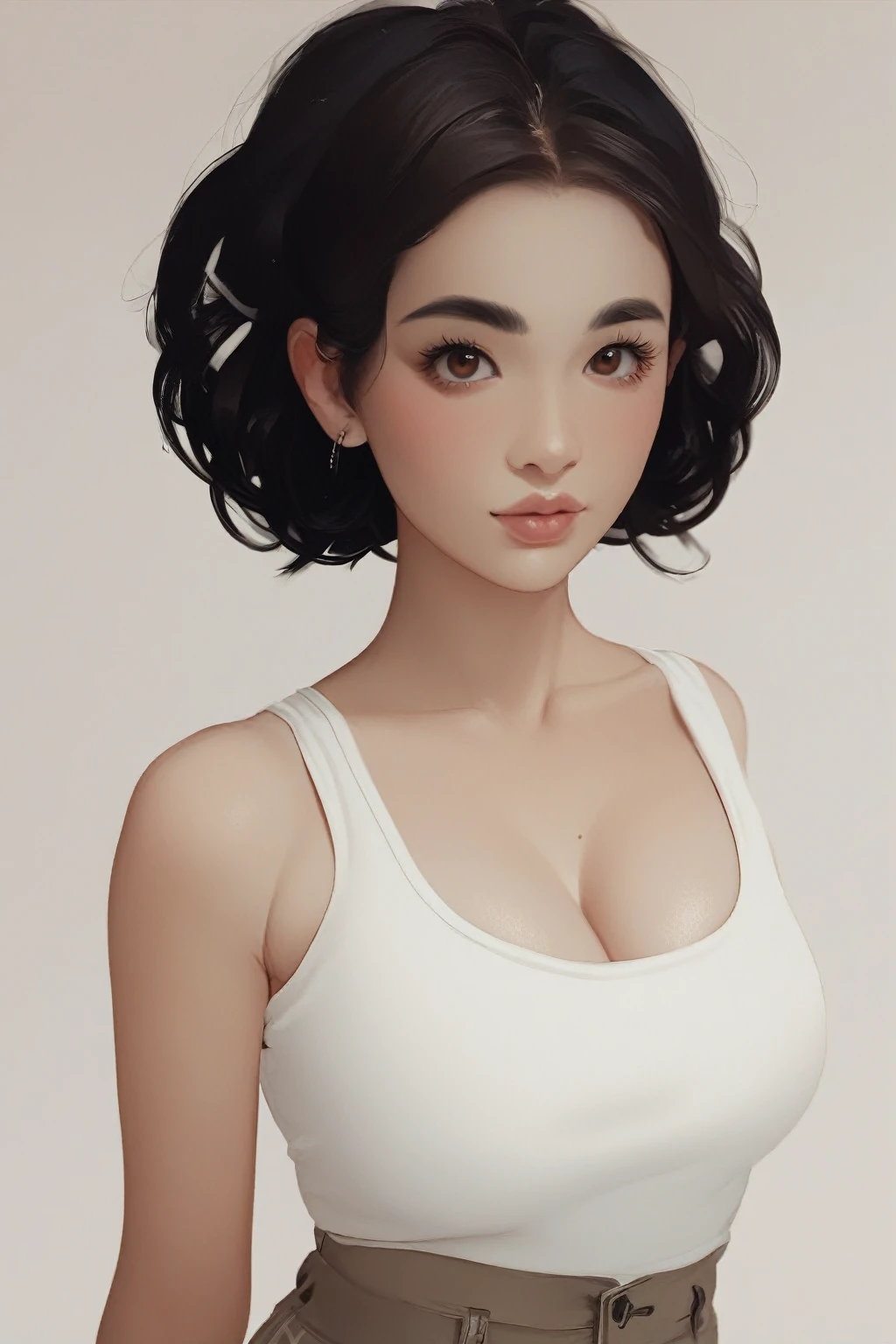 (Masseter muscle area), Realistically, Photorealist, A Japanese beauty, Beautiful Face、A vivid face、Short black hair、Beautiful Hair、Lips parted, Realistic Skin、Beautiful skins、Charm、Cute blouse、 Upper body,Detailed,Dark Background,Backlight、