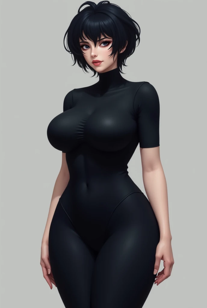 sexy beautiful woman, one woman, black hair, cute pose, pose, short hair, look at viewer, horny face, legs focus, thick legs, bodysuit