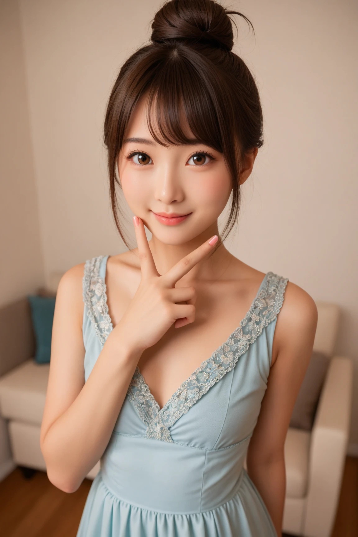 ulzzang -6500-v1.1, (Raw photo:1.2), (Photorealsitic), a beautiful detailed girl, (Real: 1.4), ighly detailedな目と顔, beatiful detailed eyes, (Party Venue), huge filesize, hight resolution, ighly detailed, top-quality, [​masterpiece:1.6], illustratio, ighly detailed, nffsw, finely detail, top-quality, 8k wallpaper, Cinematographic lighting, selfee、Instagram、1girl in, 17 age, perfect body type, cute droopy eyes beautiful big eyes、Pieckfinger, ((masutepiece)), Best Quality, 1girl in, eye shadow, Upper body, Portrait, ((FULL BODYSHOT:1.6))、(Very affectionate smile:1.2)、I keep my hair up and short、turned around、