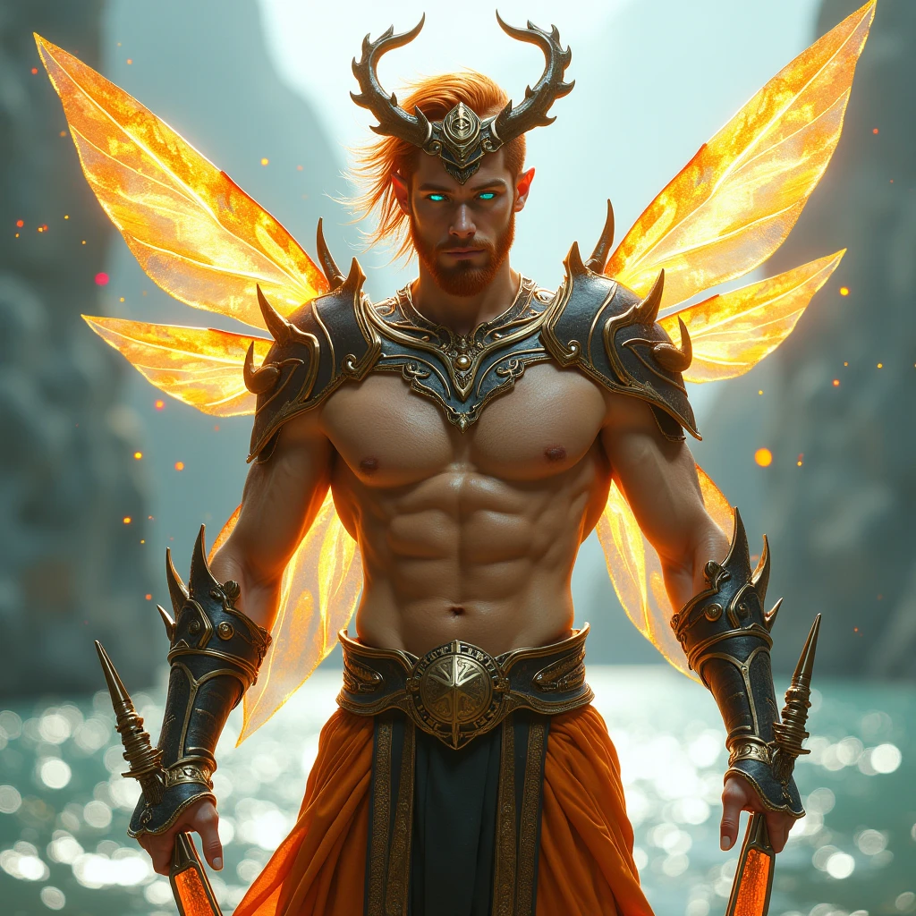 1boy, male, teen, fairy, dark skin, brown skin, asian face, innocent face, cute face, youthful face, red eyes, fiery eyes, fairy wings, red fairy wings, fire fairy wings, long hair, fire hair, orange hair, red hair streaks, fiery hair, thin body, short, sexy, skimpy, loincloth, fire, knight, warlock