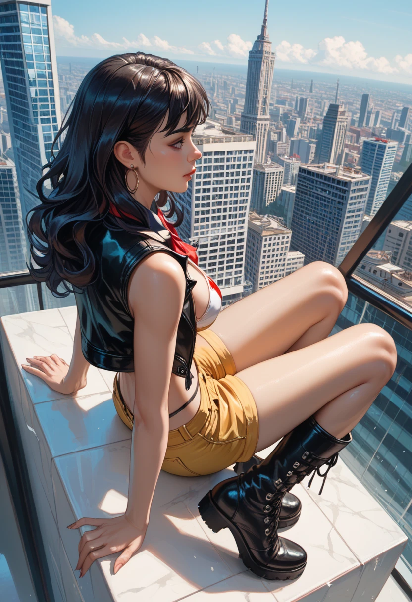 Partially Obscured,trucker hat,black hair,blue eyes,GtsGiga,Looming,Rampage,giantess art,black boots,leather jacket,white tank top,muscular,mature woman,solo,meduim bosom,obscured by clouds,Barbain
