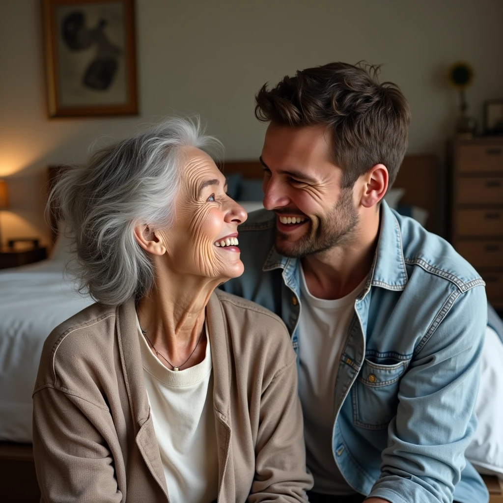 Joven Handsome con cara linda, Handsome, delgado, shirtless knitting clothes with his grandmother, hombre Handsome