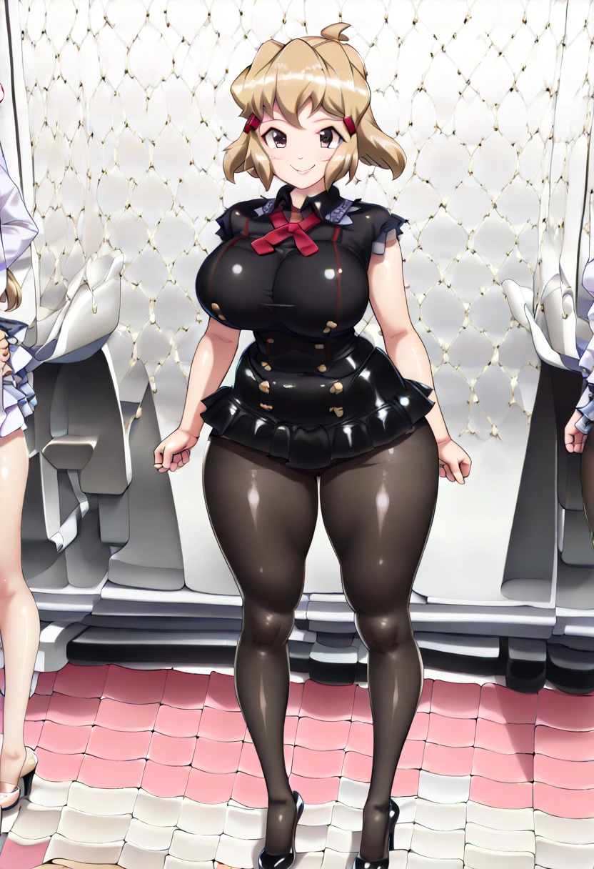A woman，Long blond hair，Black eyes，Put on a military cap，Wearing a black bikini，Long legs，Nipple protrusion，Twenties，exposed，Black high heels，Huge breasts，超级Huge breasts，超级无比Huge breasts