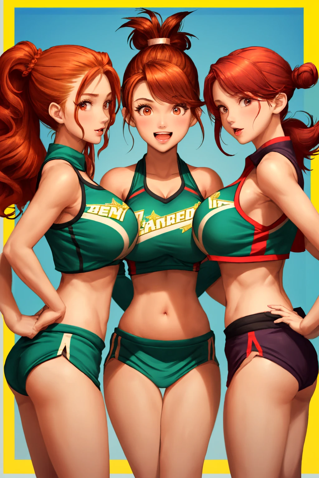 3heads, best quality, masterpiece
3 girls, sonia, orange hair, identical hair color, same eye color, necks side by side, necks evenky spaced on shoulders, smiling, running, gym uniform, sweatpants, outdoors
((three heads, 3head):1.5) bloom), (shine), lighting, ray tracing, outdoor, depth_of_field, masterpiece, HD, best quality, kawaii, sparkles, stars, anime, 1 girl, anime girl, big breasts, hourglass figure, cleavage, wide hips, tight fitting clothes, green outfit, green eyes, pale skin, galaxy background, beautiful, long ginger hair, ginger hair girl, long hair, soft lips, gentle hands, delicate but dom, small waist, massive breasts and hips, galaxy, random expressikn, random gesture, anime style face, great definition, high quality, stars in background, stars around, unreal, ethereal, two legs, two arms, planets, stars, long hair, sparkles, smiling face, flirty eyes, ginger anime woman with green tight outfit on, large breasts and tight fitting clothes. long ginger hair and green eyes, focus on front of breasts and cleavage and look from perspective of close up camera