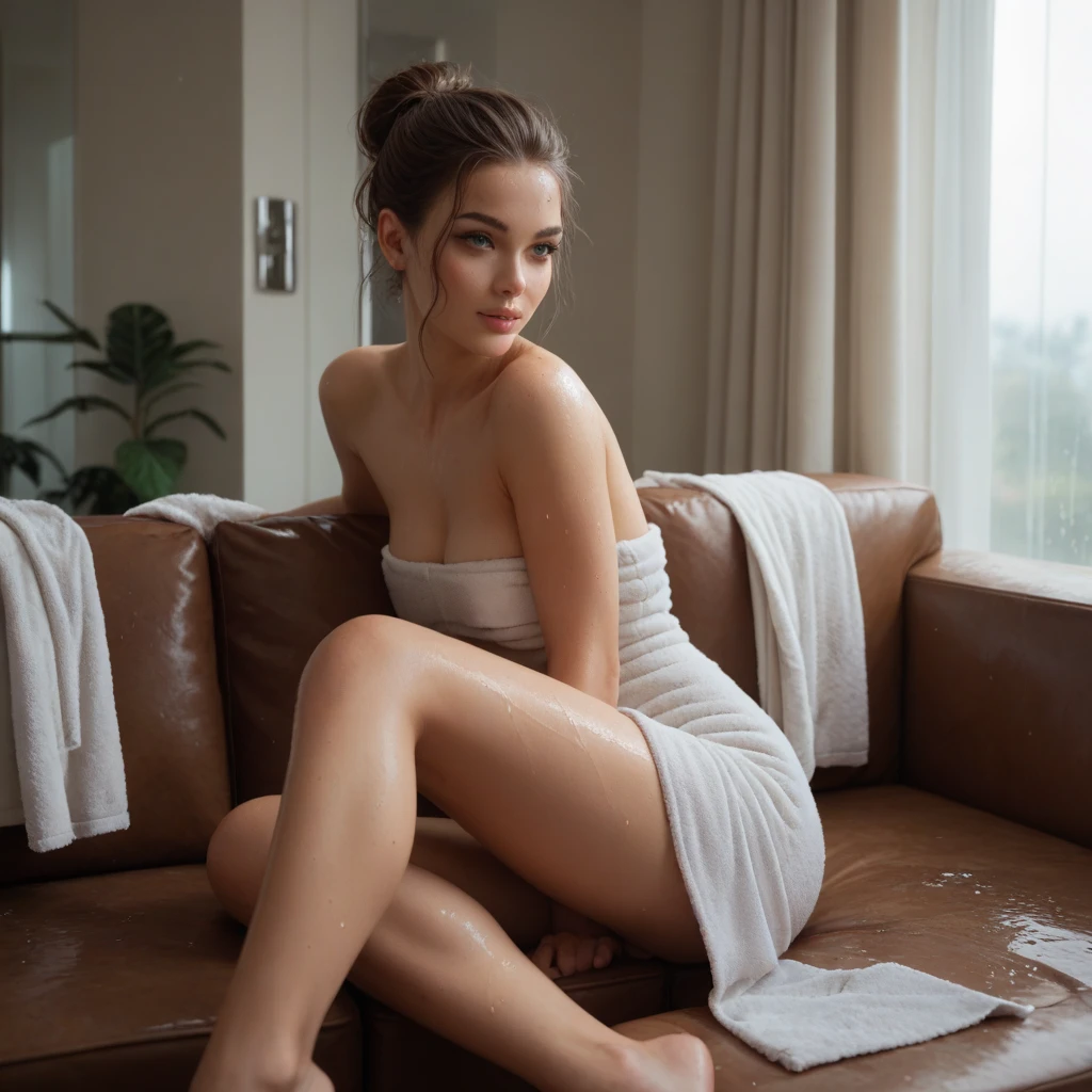 A stunning, porcelain-skinned girl lounges in a bathtub, wearing a short, tight-fitting dress that accentuates her curves. Her pose is enticing, with her body partially submerged in the water and one arm resting casually on the edge. Next to her, a playful kitten perches on the tub’s rim, adding a charming contrast to the scene. The bathroom is adorned with elegant tiles and dim, romantic lighting that enhances the overall allure.